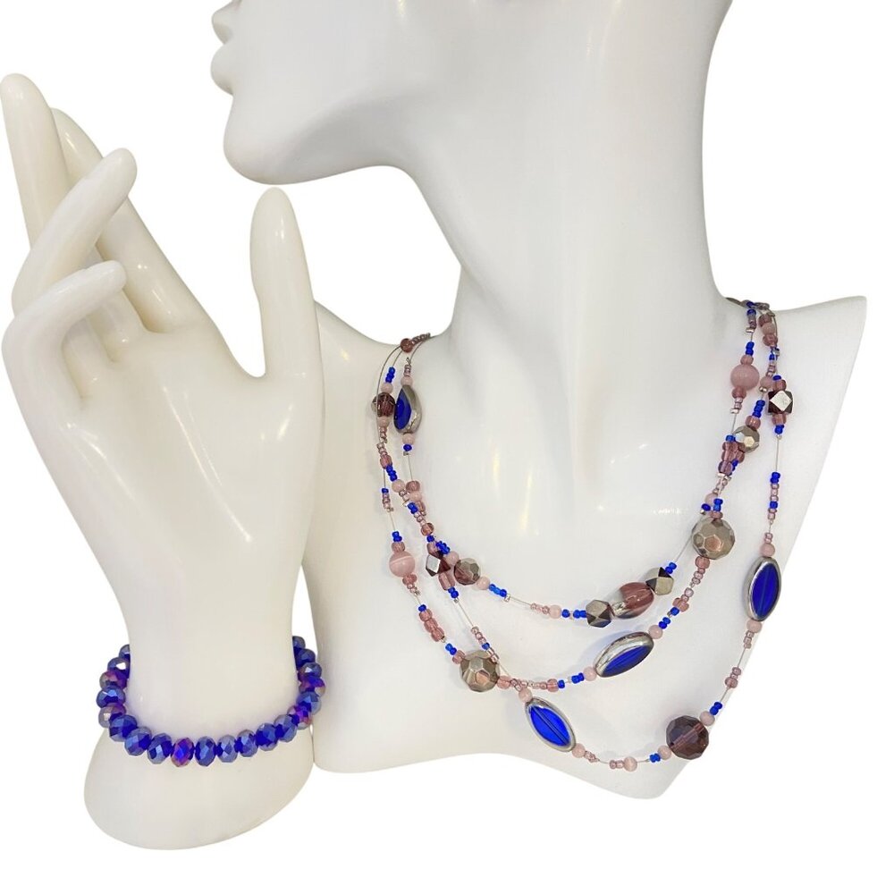 Blue Multi-Strand Beaded Necklace & Bracelet Crystal Jewelry arrangement Set